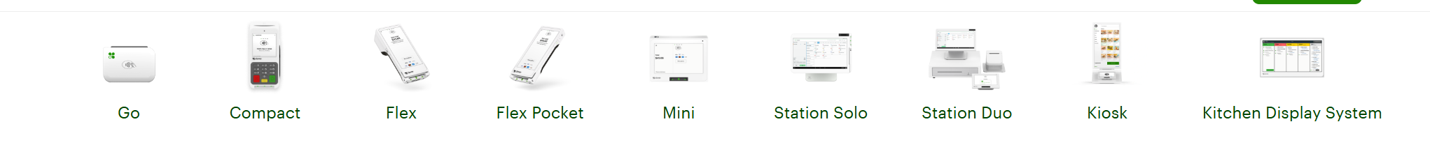 Clover equipment reference strip showing Go, Compact, Flex, Flex Pocket, Mini, Station Solo, Station Duo, Kiosk, and Kitchen Display System